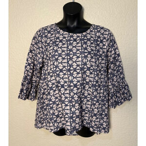 John Mark Women's Linen 3/4 Ruffle Sleeve Tunic Batik Blue Print Sz XL Lagenlook